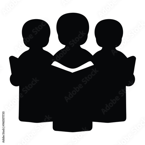 Three figures reading from a shared book, educational learning concept