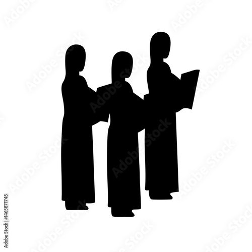 Silhouette of Three Robed Figures Singing From a Book Together in Harmony