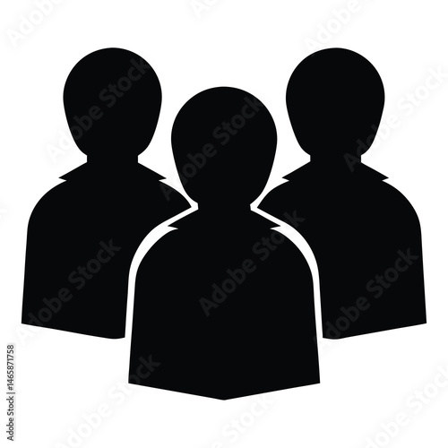 A simple black silhouette design representing three people, team or group