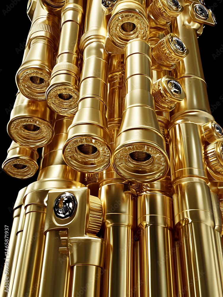 Naklejka premium Gleaming golden tubes and crystal adornments, a luxurious technological sculpture