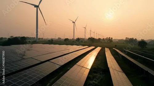 Solar Panels and Wind Turbines at Sunset in an Open Field Clean Energy Future Power Generation Sustainable Energy Solutions Alternative Resources