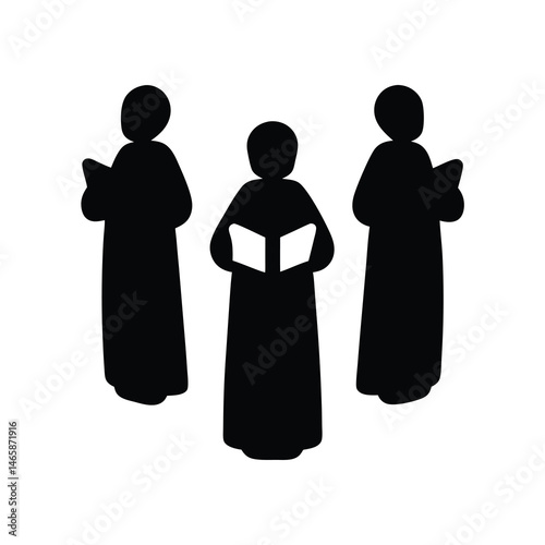 Silhouette of three figures in robes, reading or singing from books