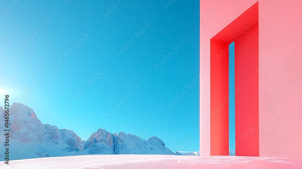 Pink Geometric Structure Against Snowy Mountains Pink Geometric Structure Against Snowy Mountains