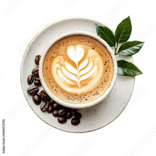 Top view of cappuccino with latte art coffee beans and green leaves png