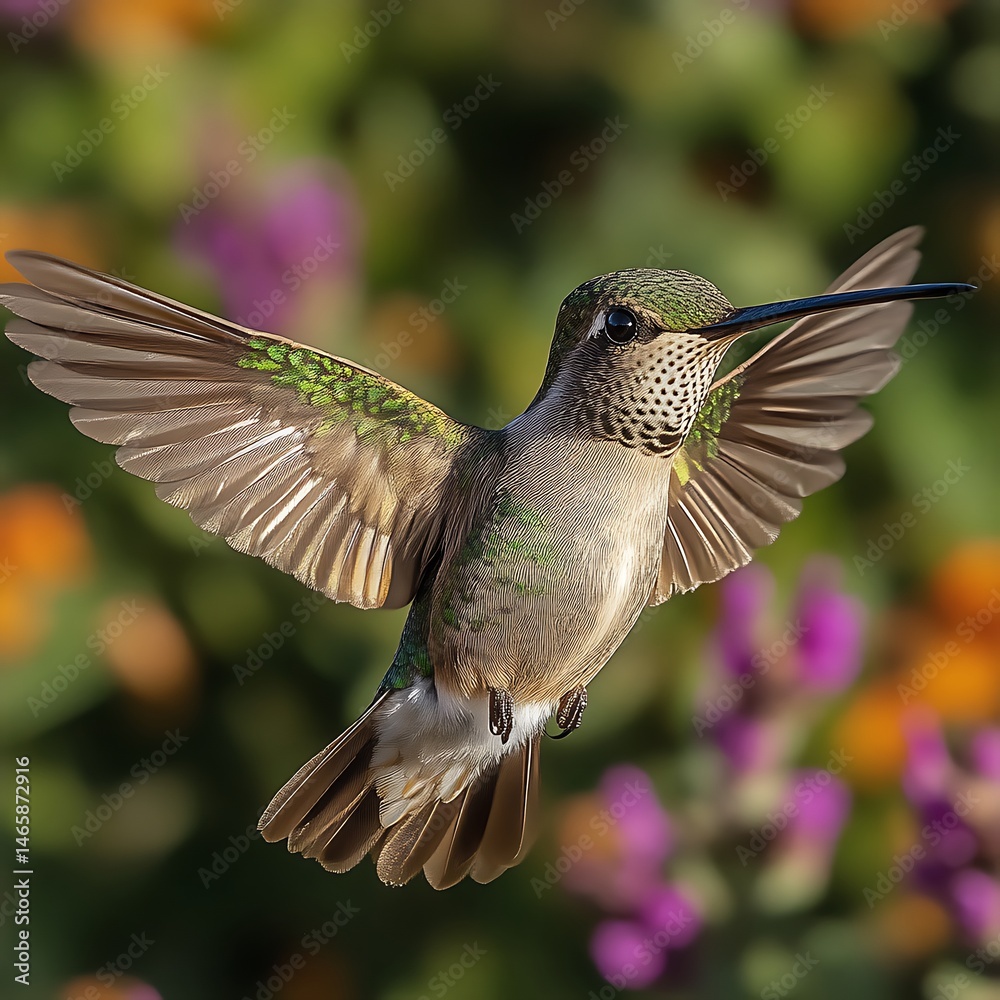Fototapeta premium Hummingbird in flight, amidst colorful flowers
