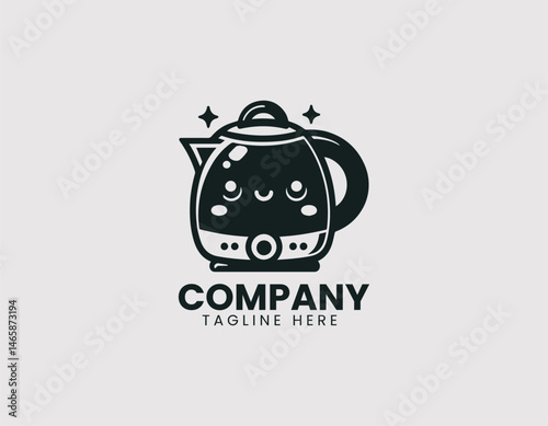 Cute Electric Kettle Kitchen Appliance Illustration Vector Logo Design, Funny Electric Kettle Kitchenware Vector Logo