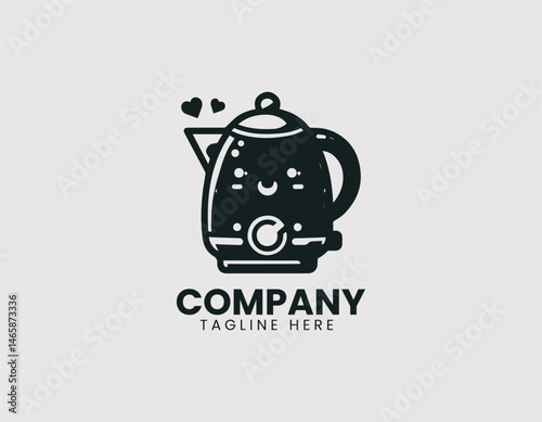 Cute Electric Kettle Kitchen Appliance Illustration Vector Logo Design, Funny Electric Kettle Kitchenware Vector Logo