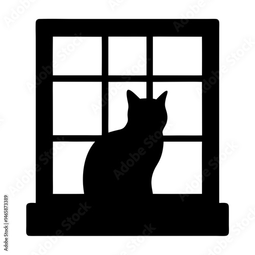 Silhouette of a Cat Sitting on a Windowsill, Looking out the Window
