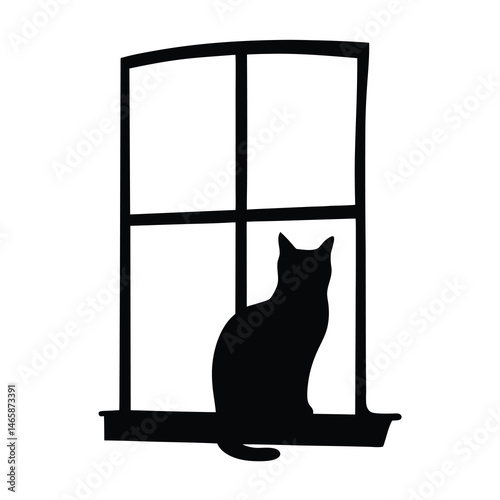 Silhouette of a cat sitting on a window sill looking outside