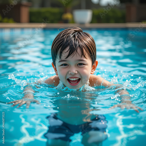 Little boy striving for get out of a swimming pool. Child learning to swim.