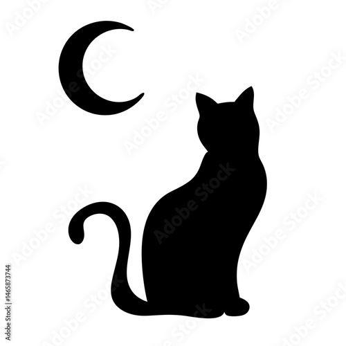 A sleek black cat gazing at the crescent moon, a mystical scene