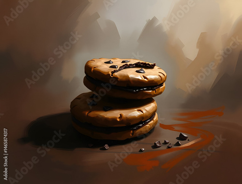 Digital illustration of two chocolate sandwich cookies with a dark filling stacked on a brown and cream abstract background.