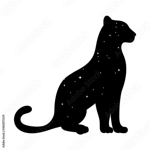 Silhouette of a seated panther with stars shining through its body in black