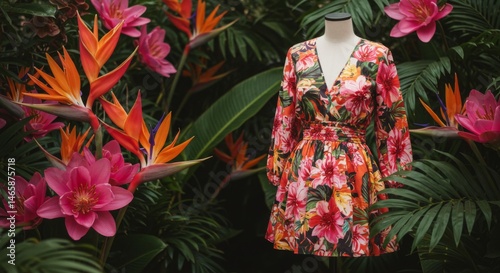 Floral Wrap Dress on Mannequin Amidst Lush Tropical Flowers