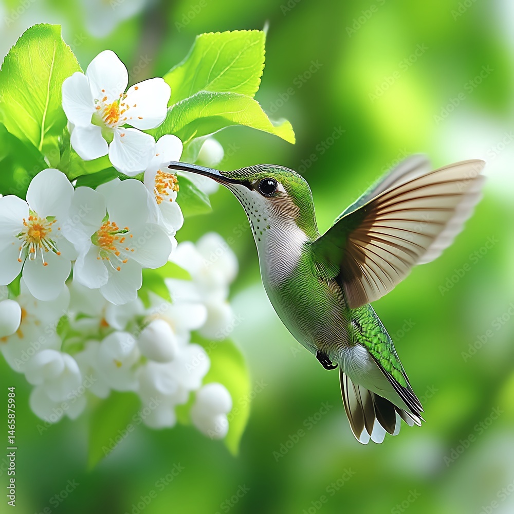 Fototapeta premium Hummingbird in flight, feasting on spring blossoms