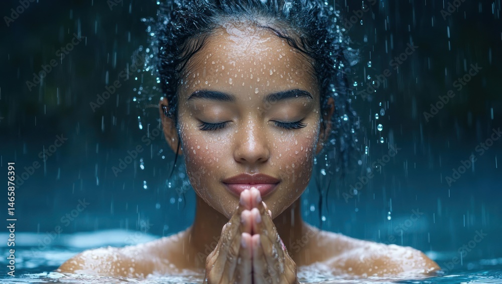 Obraz premium serene immersion a tranquil woman meditating in rain with hands clasped against a cool aquamarine backdrop