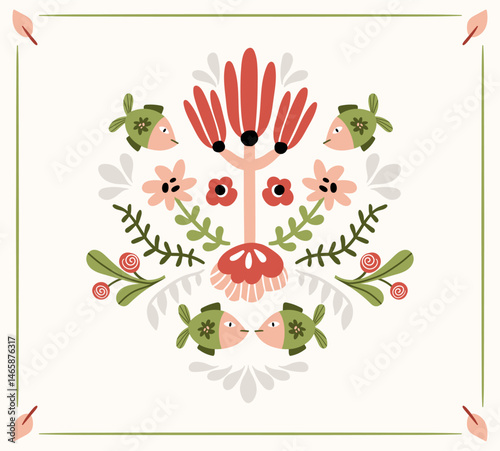 Folk hygge ready to use vector ocean print in Scandinavian style, folkloric isolated design on white. Composition with classic ethnic elements. Scandi folk motifs - sea animals, fishes and flowers