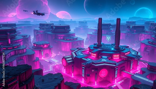 Futuristic Cityscape with Neon Glow on Alien Planet