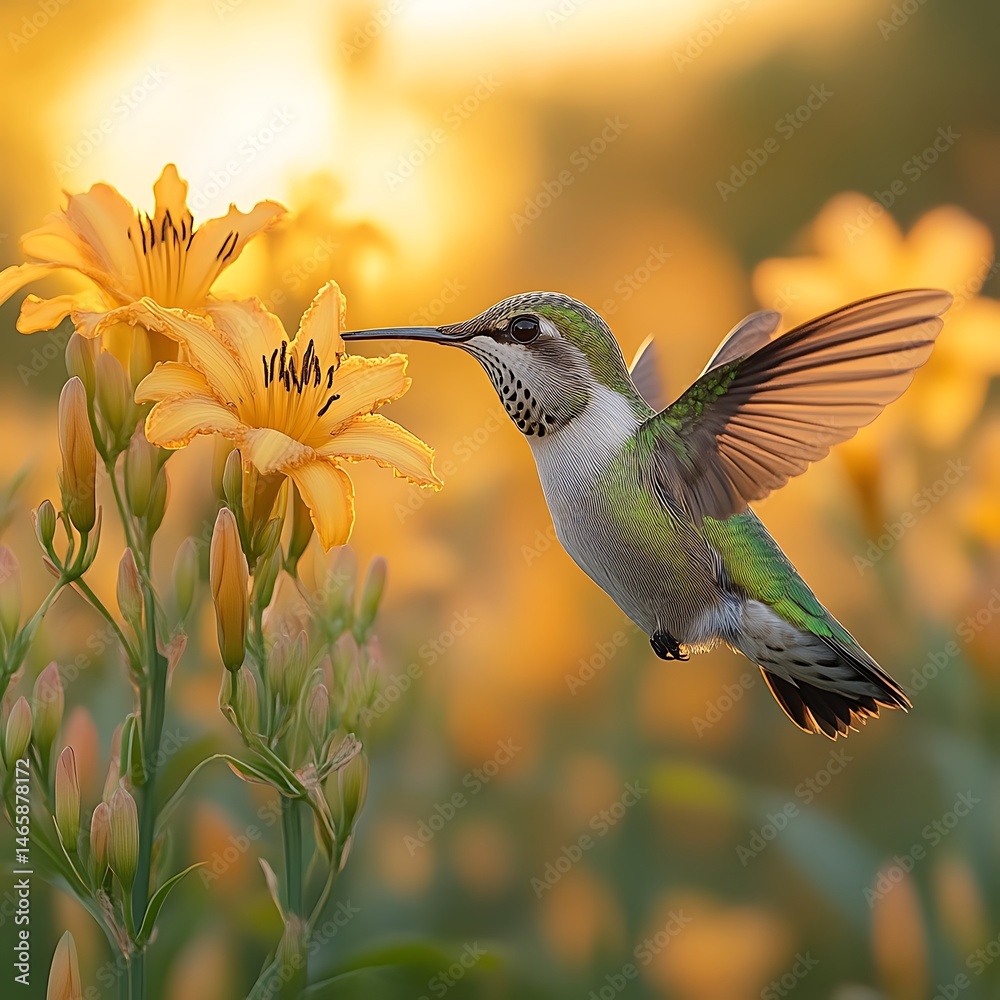 Fototapeta premium Hummingbird in flight, nectar, golden hour, vibrant flowers