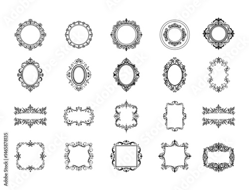 A set of black line icons of frames in a hand-drawn style, a vector large set of symbols with elegant frames isolated on a white background