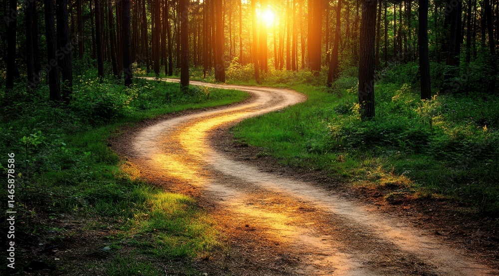 Obraz premium Winding forest path bathed in golden sunlight