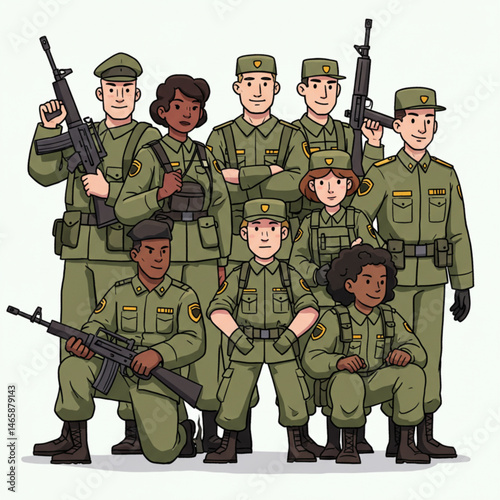 Animated style army personnel vector characters

