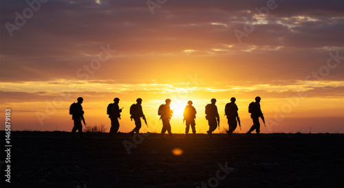 Banner template with soldiers walking into sunset