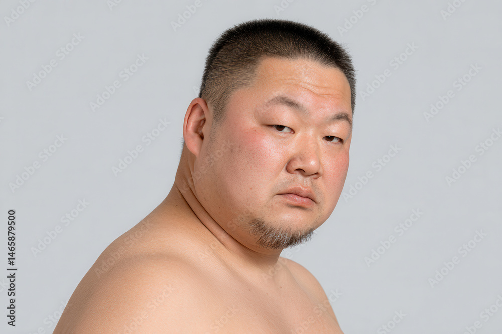 Naklejka premium dynamic portrait of sumo wrestler on left side of frame showcasing determined expression