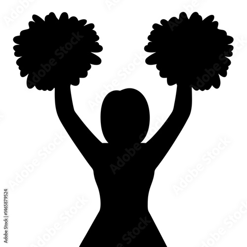 Silhouette of a Cheerleader Raising Pom Poms in Celebration, Black Graphic