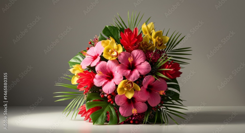 Obraz premium Vibrant Tropical Flower Bouquet with Pink Hibiscus and Yellow Orchids