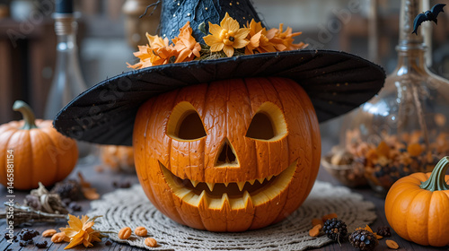 Calabaza de halloween aterradora sobre mesa de madera