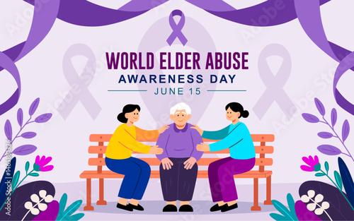 World Elder Abuse Awareness Day banner 2025 with an elderly person sitting calmly on a park bench, surrounded by caring younger hands offering gentle support.
