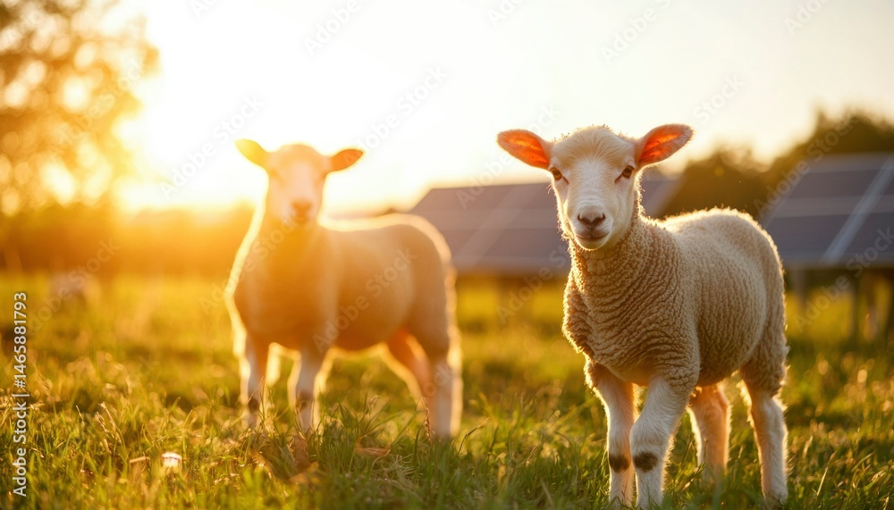 Fototapeta premium Two lambs in a field at sunset
