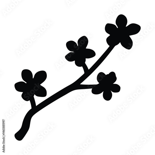 Stylized Silhouette of a Flowering Branch with Five Petal Blossoms in Bloom