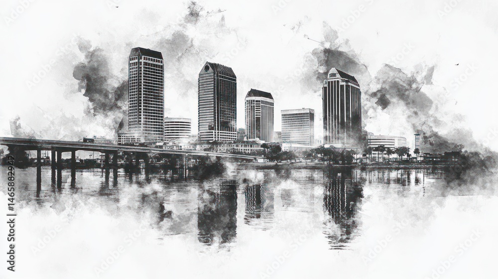 Fototapeta premium Monochromatic Cityscape: A Watercolor Impression of Modern Architecture