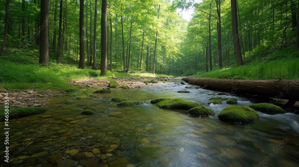 Fototapeta premium Serene forest stream flowing through lush green trees Calm water glides over mossy rocks Tranquil nature scene