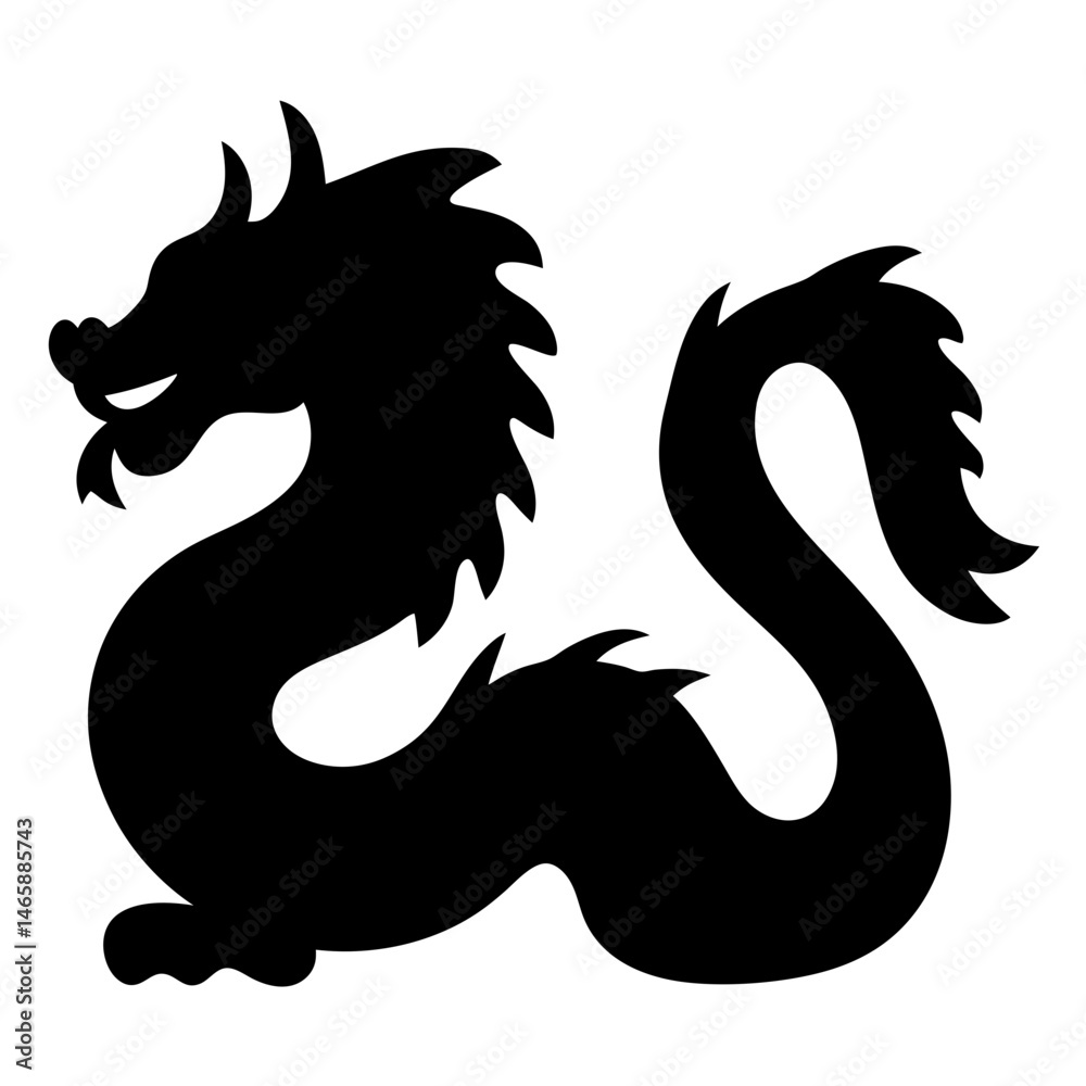 Silhouette of a stylized oriental dragon with curling body and spikes Silhouette of a stylized oriental dragon with curling body and spikes