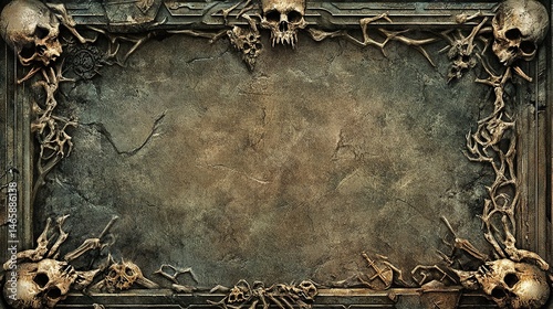 Wallpaper Mural Ornate, aged stone tablet framed by skeletal embellishments.  Detailed carvings of skulls and bone-like vines surround a textured,  dark stone surface Torontodigital.ca