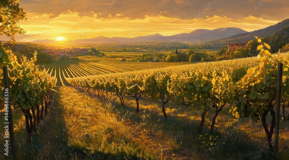 Naklejka premium Golden vineyard sunset panorama