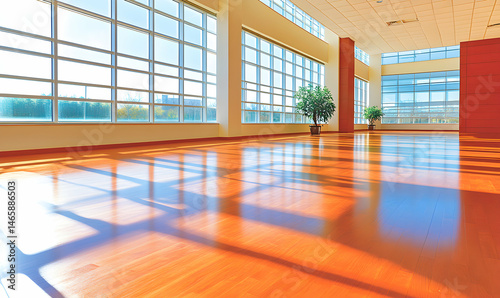 Sunlit modern office interior with hardwood floors and large windows. Ideal for corporate  real estate  or design projects.