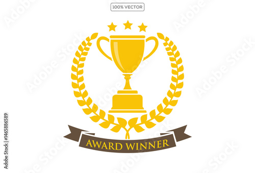 Golden Trophy Award Icon with Ribbon Banner, golden trophy vector, first place trophy, champion award