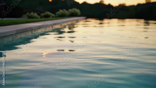 Water Surface Reflecting Sunset Colors at Swimming Pool Featuring Tranquil Ripples and a Scenic Green Lawn on an Evening at Outdoor