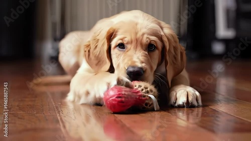 Golden Labrador Puppy Chewing a Red Toy Ball on a Wooden Floor Adorable Canine Playful Pet Sweet Expression Portrait Indoors
