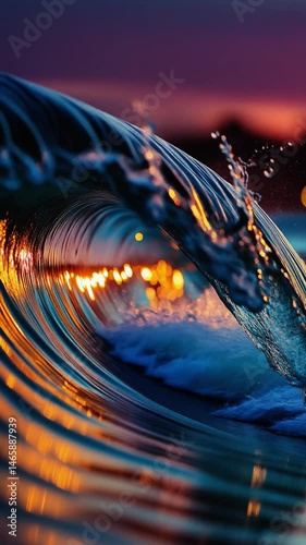 A slo mo clip of a wave crashing. Movement. Sunrise. Sunset. 