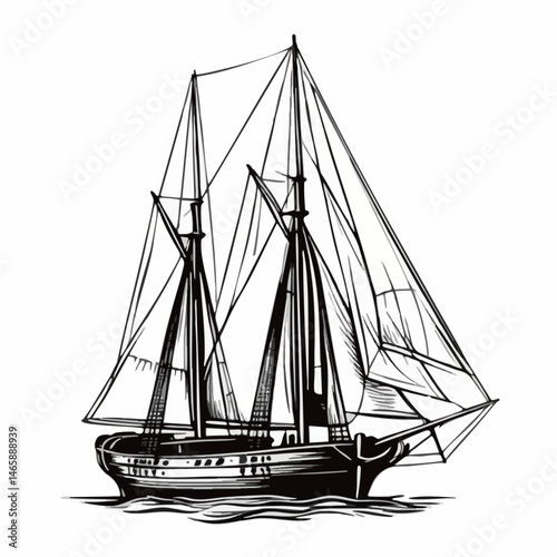 Schooner Sailing Vessel Line Drawing. Vector Image