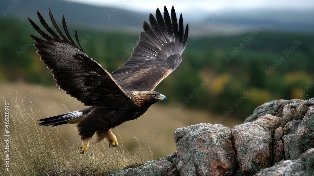 Fototapeta premium Golden eagle landing on rocky outcrop, wings mid-motion, captured at a distance with powerful telephoto focus