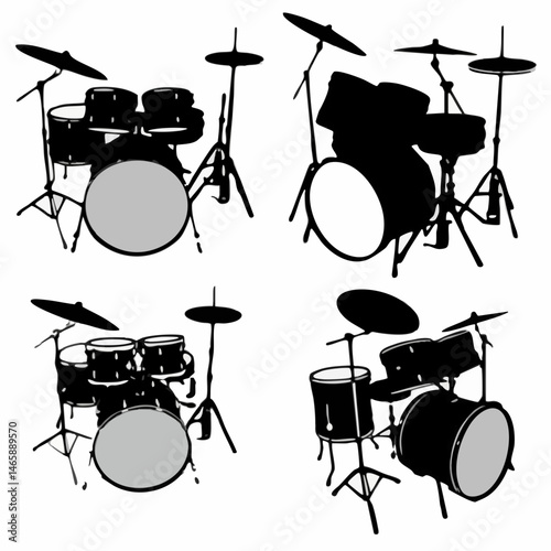 Drum Set Silhouettes. Vector Image