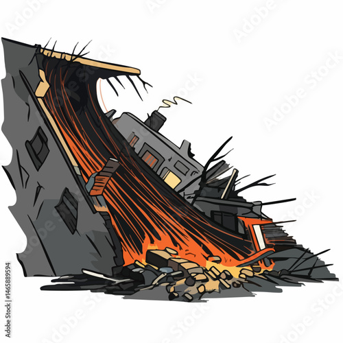 Destroyed Building and Vehicle Debris. Vector Image