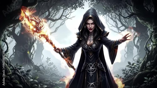 Hooded Woman in Dark Robe Wielding Fiery Staff in a Mystical Forest Landscape with Gothic Fantasy Elements and Ominous Atmosphere