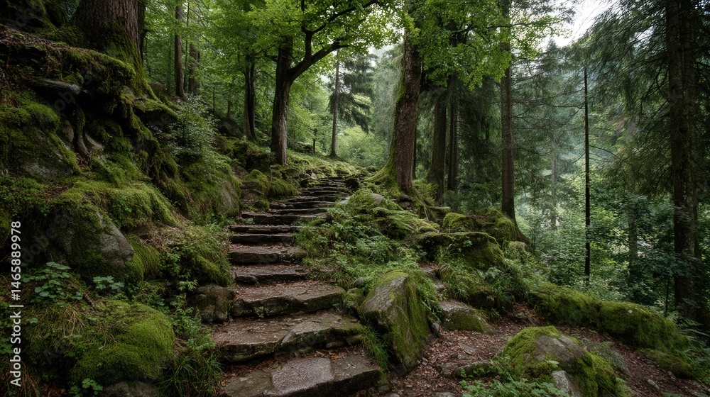 Obraz premium Mindful Walking Scene in an Ancient Forest Surrounded by Trees
